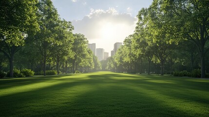 Obraz premium Lush green park with sunlit trees and city skyline in the background.