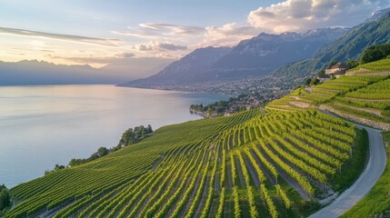 Fototapeta premium Expansive aerial view of Montreuxs vineyards, forming a stunning pattern on the slopes leading to the serene Lake Geneva.