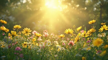 Fototapeta premium A vibrant meadow filled with colorful flowers under a bright sun.