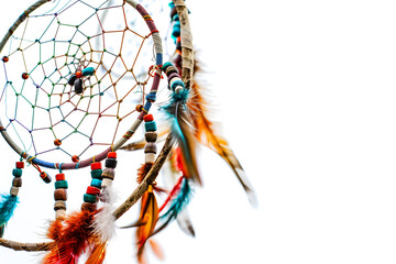 Dreamcatcher with colorful beads and feathers representing Native American culture spirituality and dream protection, concept: dreamcatcher, beads, feathers, Native American,