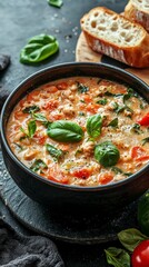 A Culinary Symphony: A close-up captures a richly textured soup, adorned with fresh basil leaves, offering an appealing gourmet experience.