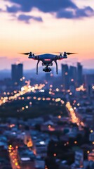 Aerial city exploration: a drone hovers gracefully above a bustling cityscape, capturing the vibrant energy and intricate details of urban life during a stunning sunset.
