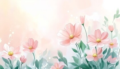 Obraz premium Delicate Pink Cosmos Flowers Background, Watercolor Painting Style Floral Illustration