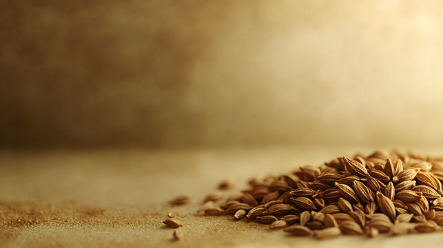 Cumin seeds in a delicate arrangement on a soft, neutral background, highlighting their earthy texture and subtle shape.