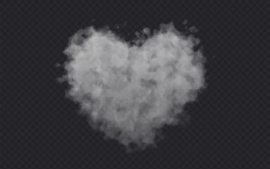 Heart Shaped Smoke effect on transparent dark background. Fog gray love cloud .