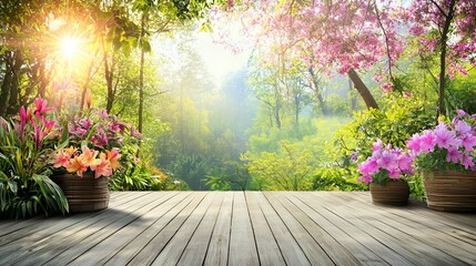 Sunlit Spring Garden with Blooming Azaleas and Daylilies