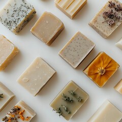 A neat arrangement of various artisanal soap bars, featuring natural ingredients and textures, showcasing a range of colors and designs.