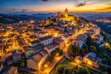 Obraz premium Aerial Night View of Charming Italian Hilltop Town, Illuminated Buildings, Starry Sky
