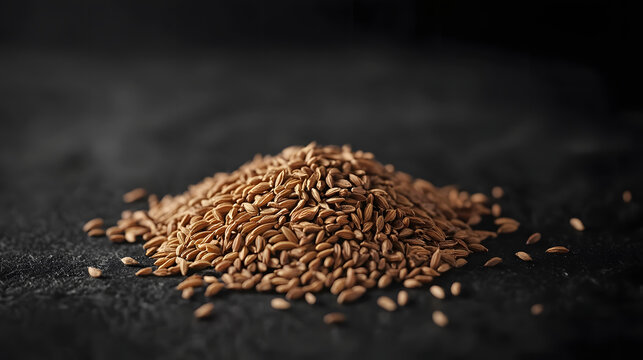 Cumin seeds in a small pile on a dark background, highlighting their elongated shape and earthy brown color.