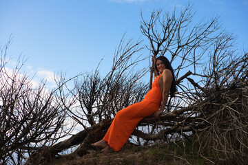 Young, beautiful brunette woman in elegant orange dress, sitting relaxed on the trunk of a dry tree...