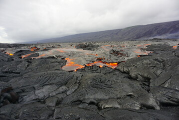 Hot magma flows  over old lava field