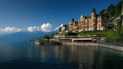 Naklejka premium Majestic Montreux landscape, where vineyards meet luxury hotels and scenic lakefront promenades.