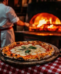 Wood-fired pizza crafted by chef in rustic kitchen