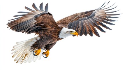 Obraz premium Majestic Bald Eagle Soaring Through Clear Blue Sky with Outstretched Wings and Vibrant Feathers