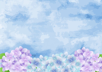 水彩のあじさいフレームイラスト（紫陽花・梅雨・紫・青）	
