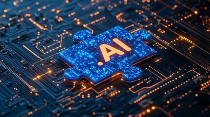 Obraz premium Vibrant Blue Puzzle Piece with AI Text on Digital Circuit Background