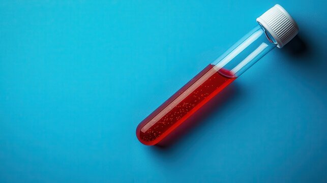 A close-up top-view shot of a blood-filled test tube nestled against a vibrant blue background, offering ample copy space for adding text or design, creating a visually compelling and impactful image