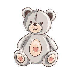 Cute gray teddy bear illustration with heart patches and soft texture vector illustration