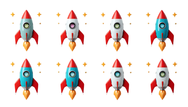 Vibrant Rocket Ship Soaring Through Starry Space set isolated on png