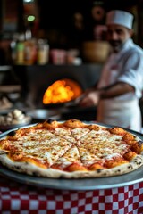 Freshly baked cheese pizza served in a bustling kitchen