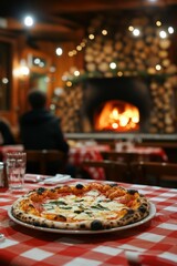 Freshly baked pizza in a cozy restaurant by the fireplace
