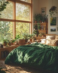 The digital representation of a cozy bedroom corner features an adaptive design that integrates soft, tactile textures like blankets and pillows with assistive technology, promoting a comfortable