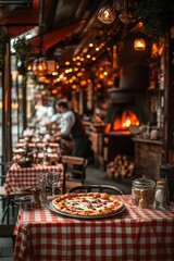 Fototapeta premium Cozy Italian restaurant with freshly baked pizza in evening light