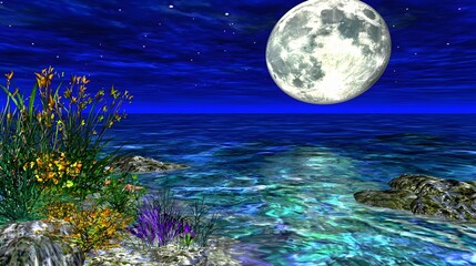 Serene Night Landscape with Full Moon Over Tranquil Ocean and Vibrant Flora on Shoreline