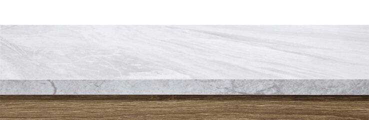 A sleek white marble countertop with subtle gray veining, placed on a wooden cabinet, showcasing modern kitchen or bathroom design