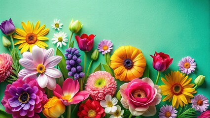 Vibrant Spring Blossoms on Lush Green Background - Stock Photo