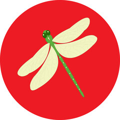 Light green dragonfly is placed on a red circle.