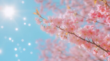 Naklejka premium Delicate Cherry Blossom Branch in Springtime Bloom, Soft Lens Flare on a Blue Sky Background