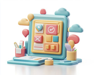 colorful 3D illustration of digital interface with icons and clouds, featuring playful design. scene includes various elements like balloons, stationery, and digital screen, creating whimsical