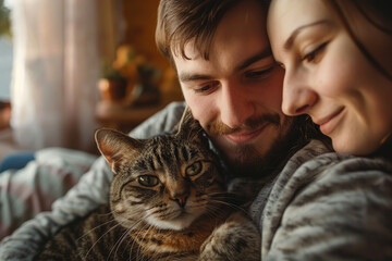 A young couple embracing and holding a cat, looking happy and content, concept: love, family, home, togetherness