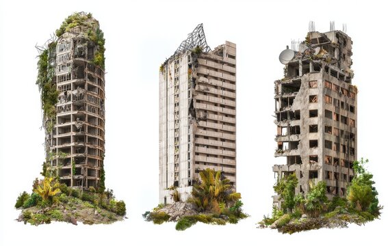 On a transparent background, a solitary ruined skyscraper is positioned for design use - Powered by Adobe