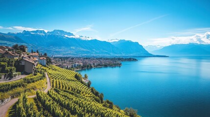 Montreuxs iconic lake and vineyard scenery from above, showcasing Switzerlands natural beauty at its finest.