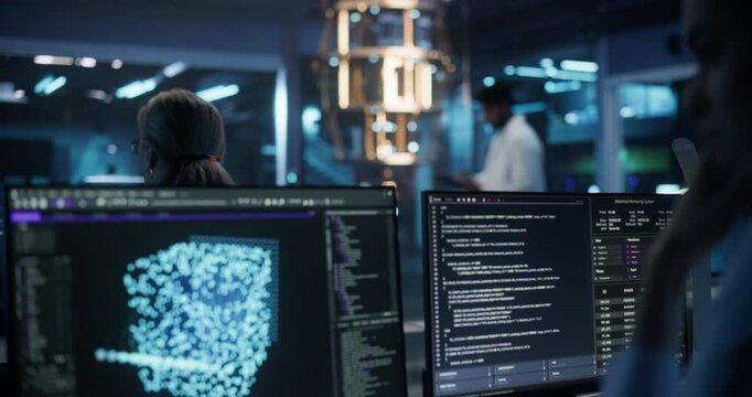 Portrait of a Thoughtful Female Developing a Big Data AI Model. Rack Focus Moving From a Young Woman to an Indian Engineer with a Tablet, Standing in Front of a Futuristic Quantum Computing Hardware