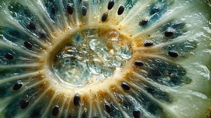 A macro close-up of freshly sliced kiwi revealing intricate patterns and textures