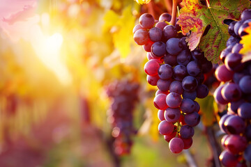 Fototapeta premium Grapes on vine with sunlight representing vineyard harvest wine production and autumn agriculture, concept: grapes, vine, sunlight, vineyard, autumn