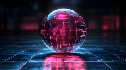 Geometric dome shield on a pink background, featuring a futuristic glowing 3D sphere. Includes technology-style HUD design elements and a hexagon force field shield. Vector illustration for a digital