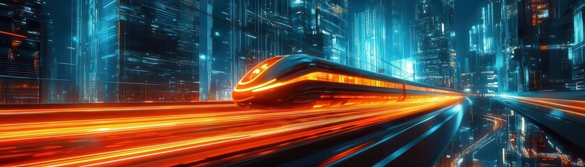 Fototapeta premium High-speed train with glowing trails moving through a futuristic city, contrast of light and shadow, modern transportation concept