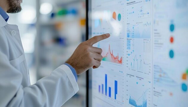 Scientist analyzing data on digital screen in laboratory setting, showcasing graphs and statistics for research purposes