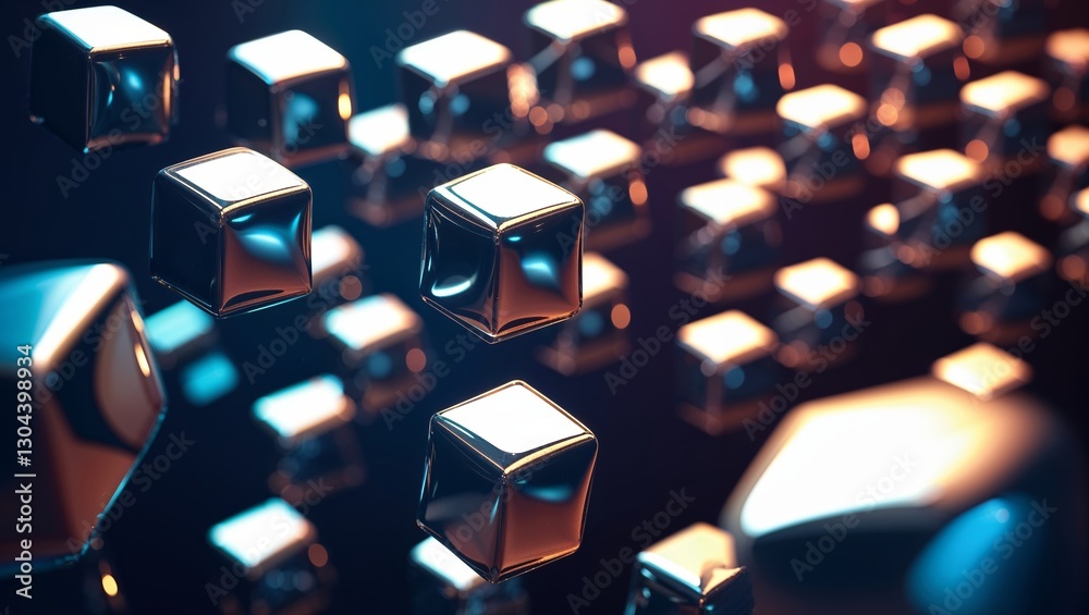 Poster floating metallic cubes create a mesmerizing visual display in a dark digital environment