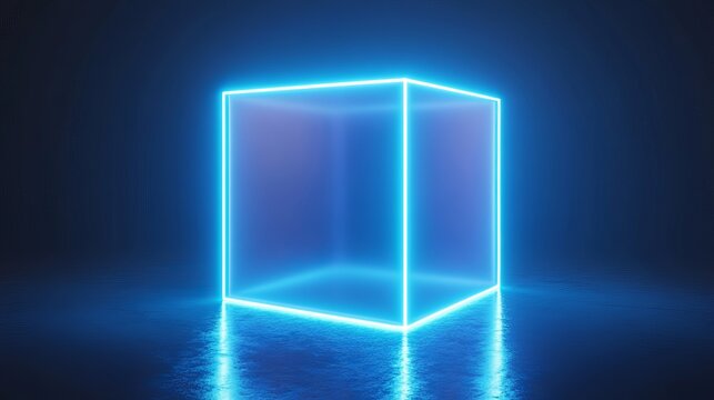 Abstract 3D neon background featuring a cube glowing in blue light