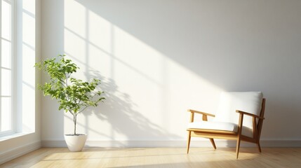 Serene and peaceful Japanese-inspired interior with a low wooden armchair against a clean white wall.