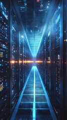 Data Center Corridor: An expansive and futuristic perspective of a data center corridor, showcasing rows of server racks illuminated with a cool, ethereal blue light.