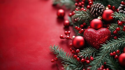 Obraz premium A vibrant red backdrop, adorned with a heart-shaped Christmas candy, invites you to capture your holiday spirit and add your own festive touch.