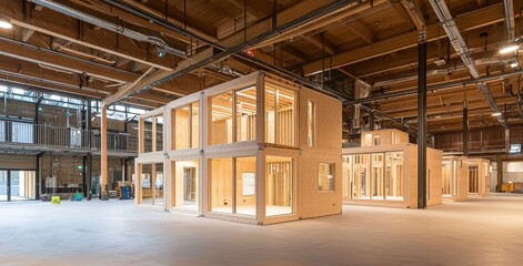 At the construction site, there is a newly built single-storey modular building and a prefabricated mobile wooden house