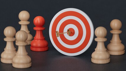 Start-up business plan and strategies. Achievement goal concept. Wooden figures stand around dartboard for creative and set up business objective targets.Made and rendered in C4D, not AI.