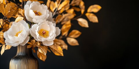 Elegant white flowers with golden leaves arranged in a stylish vase. The image showcases natural beauty and artistic design. Perfect for decor or nature enthusiasts. AI